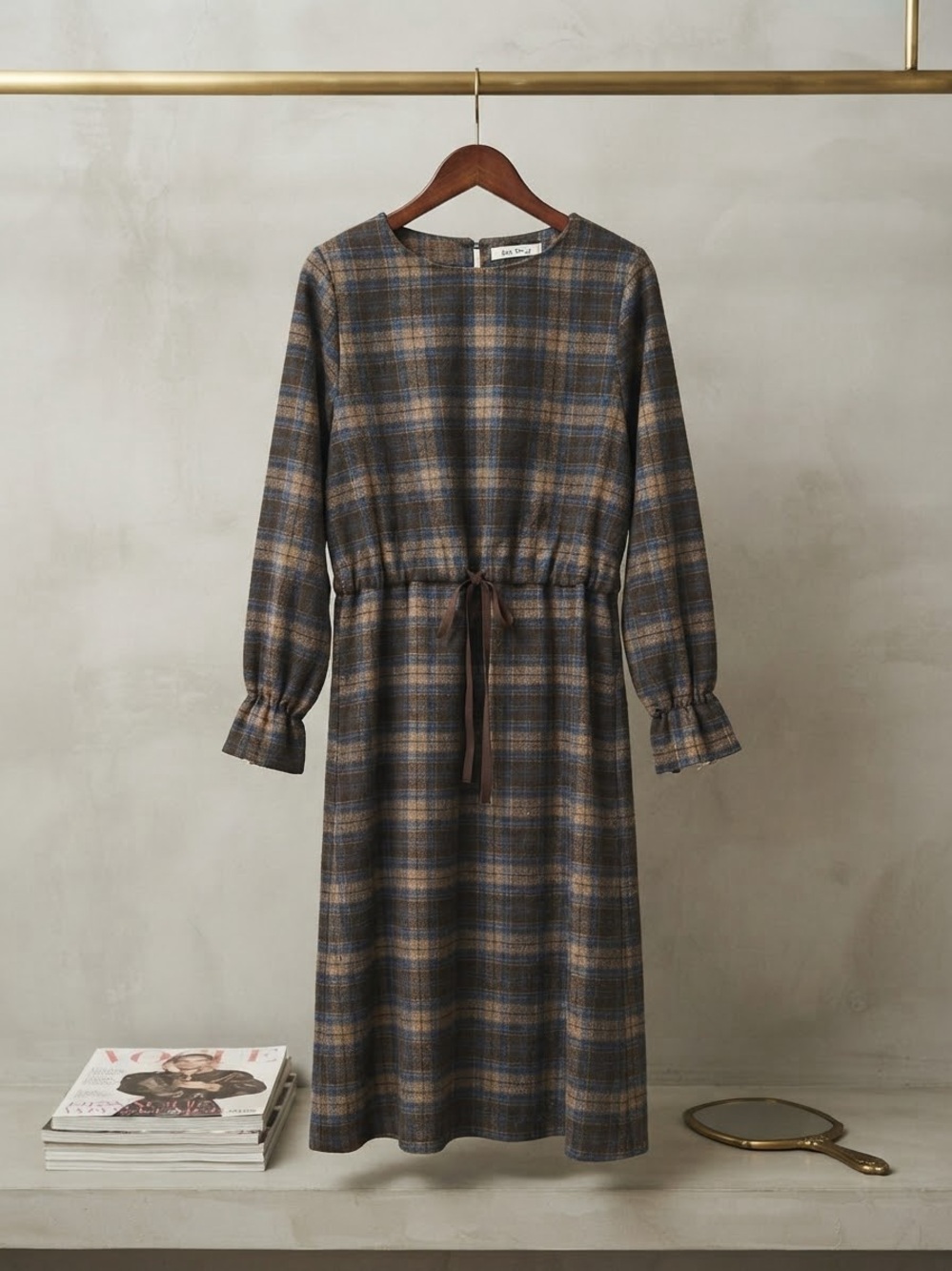 Ann Story Brown Blue Plaid Ruffle Cuff Midi Dress Medium
